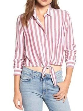Rails Maroon & White Striped Tie-Front Button Down Shirt